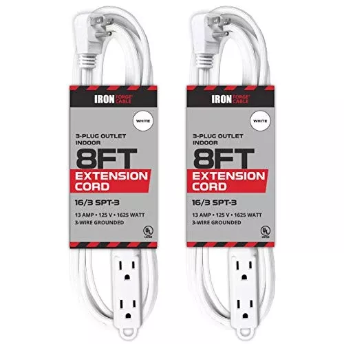 2-pack-8-ft-extension-cords-with-3-electrical-power-outlets-16-3-durable-white-c 2 Pack of 8 Ft Extension Cords with 3 Electrical Power Outlets - 16/3 Durable White Cable
