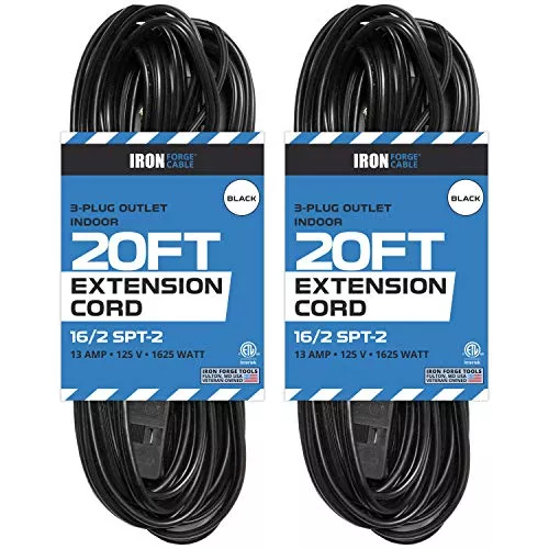 20-ft-black-extension-cord-2-pack-16-2-durable-electrical-cable 20 Ft Black Extension Cord 2 Pack - 16/2 Durable Electrical Cable