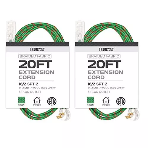 20ft-fabric-extension-cord-2-pack-16-2-spt-2-green-braided-cloth-electrical-powe 20Ft Fabric Extension Cord 2 Pack - 16/2 SPT-2 Green Braided Cloth Electrical Power Cable Set