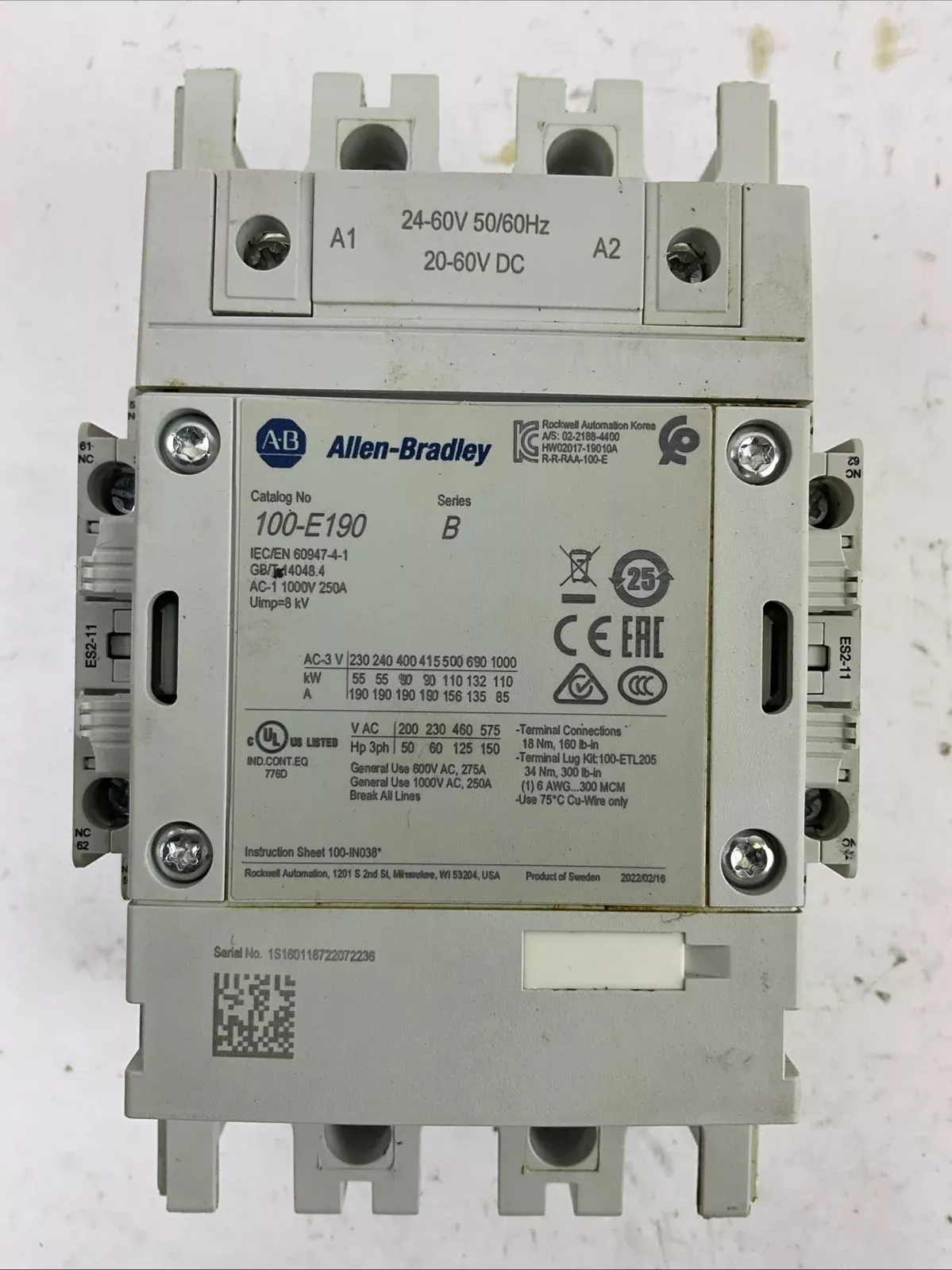 allen-bradley-100-e190-600vac-275a-150hp-contactor-24-60v-50-60hz-20-60vdc-coil ALLEN BRADLEY 100-E190 600VAC 275A 150HP CONTACTOR 24-60V 50/60HZ 20-60VDC COIL