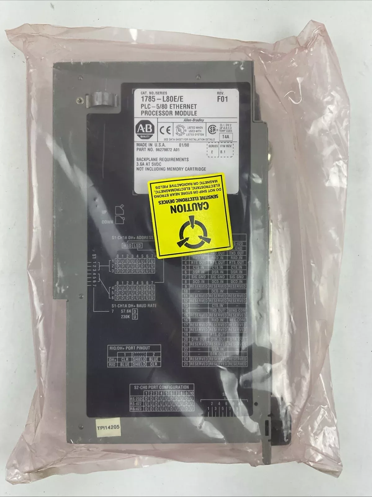 ALLEN BRADLEY 1785-L80E SER E REV F01 F/W REV B.1 PLC 5/80 ETHERNET PROCESSOR