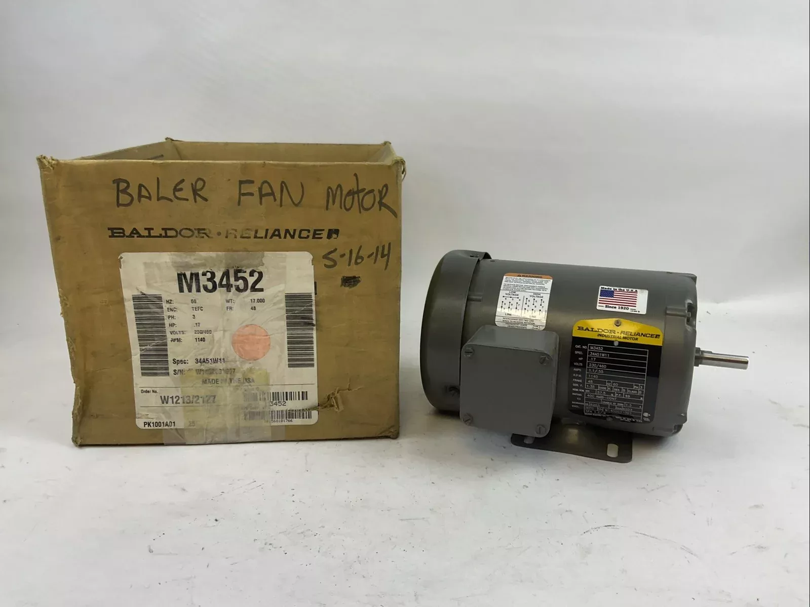 baldor-m3452-34a51w11-industrial-motor-0-17hp-230-460v-1-1-55a-1140rpm-60hz-3ph BALDOR M3452 34A51W11 INDUSTRIAL MOTOR 0.17HP 230/460V 1.1/.55A 1140RPM 60HZ 3PH
