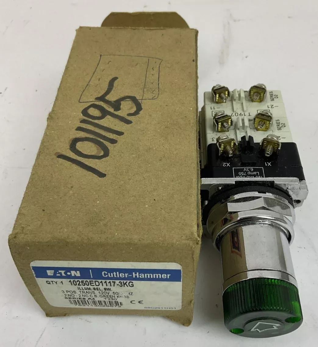cutler-hammer-10250ed1117-3kg-illuminated-selector-switch-3-pos-green-knob-120v CUTLER HAMMER 10250ED1117-3KG ILLUMINATED SELECTOR SWITCH 3 POS GREEN KNOB 120V