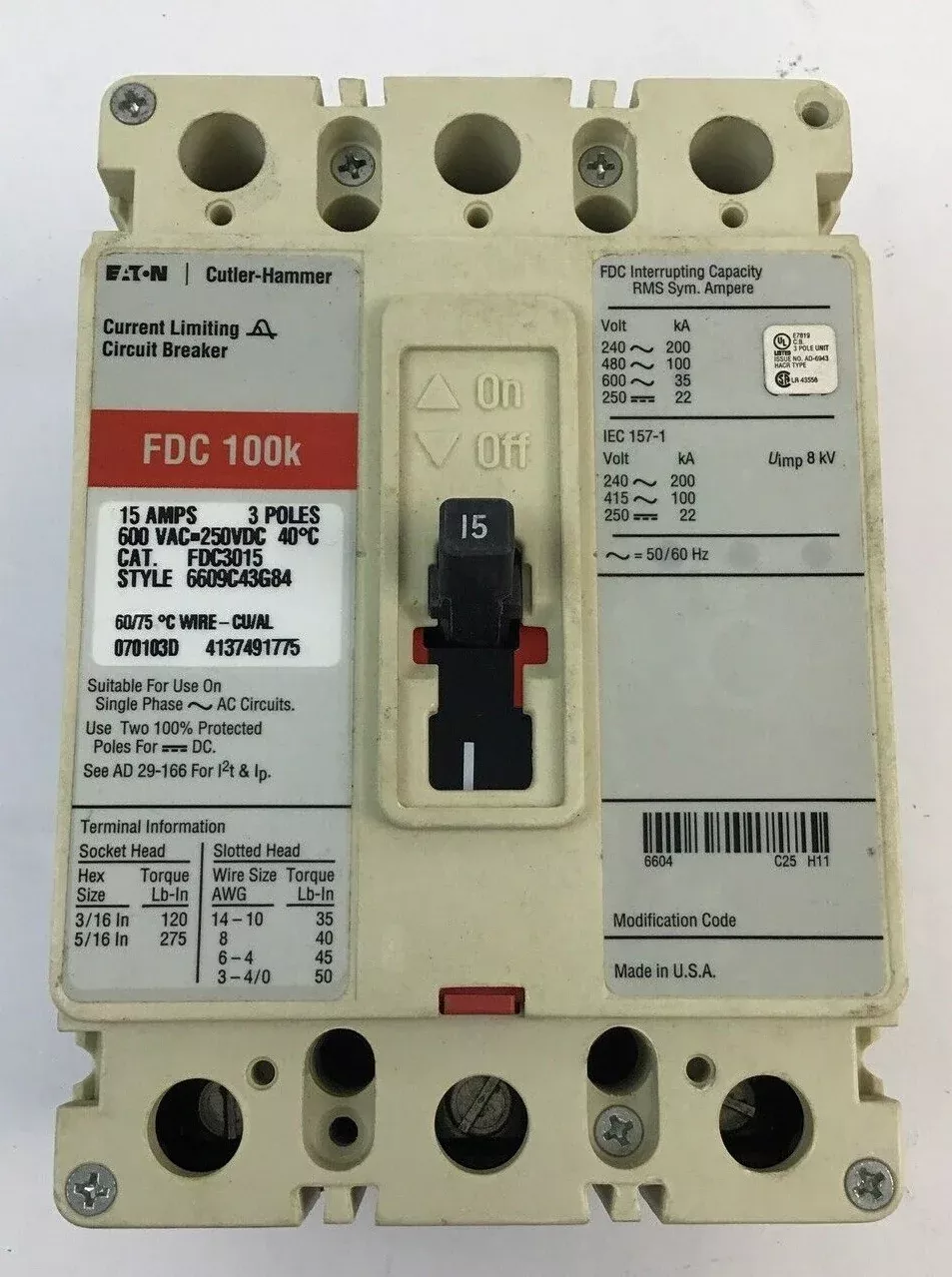 cutler-hammer-fdc3015-circuit-breaker-15a-600vac-250vdc-3p CUTLER HAMMER FDC3015 CIRCUIT BREAKER 15A 600VAC/250VDC 3P