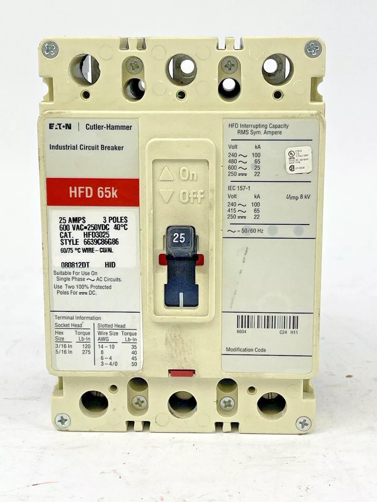 CUTLER-HAMMER - HFD3025 - INDUSTRIAL CIRCUIT BREAKER - 25 AMP, 600 VAC, 3 POLE