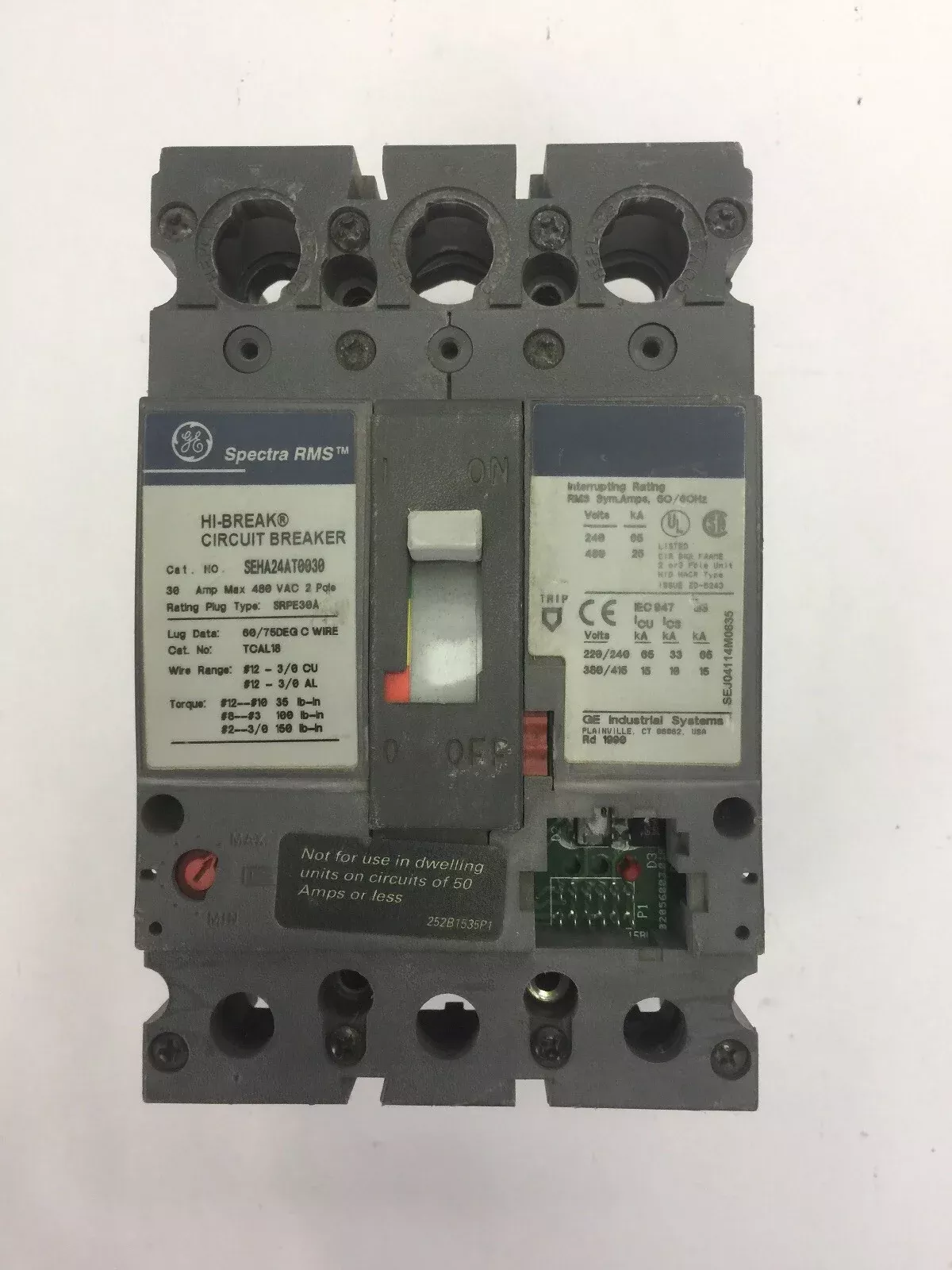 GE SEHA24AT0030 HI-BREAK CIRCUIT BREAKER 480VAC 30A 2P SPECTRA RMSNO TRIP UNIT