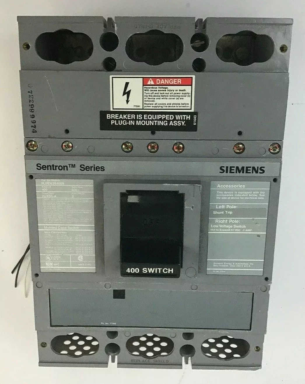 SIEMENS HJXD63S400A 400A MOLDED CASESWITCH W/SHUNT S11JLD6 & A01JLDLY SENTRON