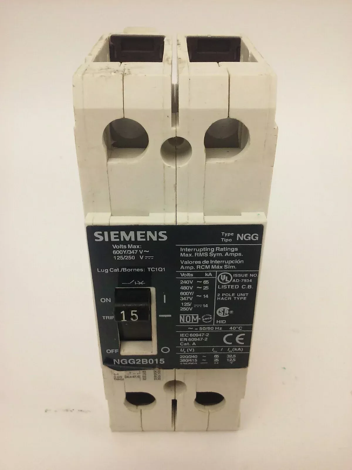 siemens-ngg2b015-type-ngg-circuit-breaker-2p-15a-600vac-250vdc-65ka-used SIEMENS, NGG2B015, TYPE NGG CIRCUIT BREAKER, 2P, 15A, 600VAC/250VDC, 65KA, USED