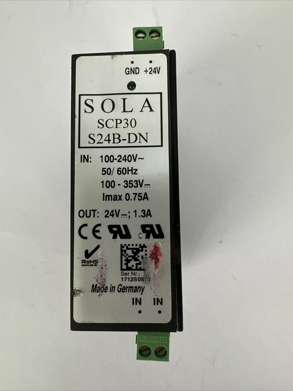 SOLA SCP30 S24B-DN POWER SUPPLY OUT 24VDC 1.3A INPUT 100-240VAC 100-353VDC 0.75A