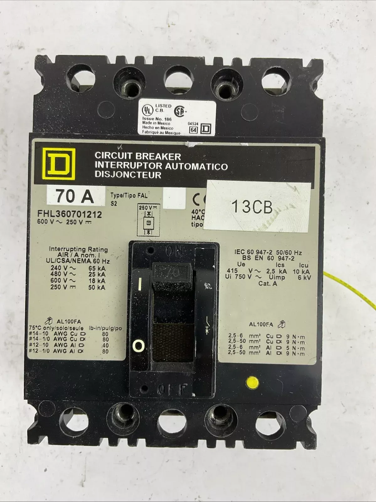 SQUARE D FAL360701212 70A 600VAC 250VDC 3POLE CIRCUIT BREAKER