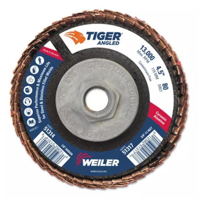 weiler-tiger-ceramic-angled-flap-discs-5-8-in-11-80-grit-10-per-box-10-bx-51317 Weiler Tiger Ceramic Angled Flap Discs, 5/8 in - 11, 80 Grit, 10 per Box, 10 BX, #51317