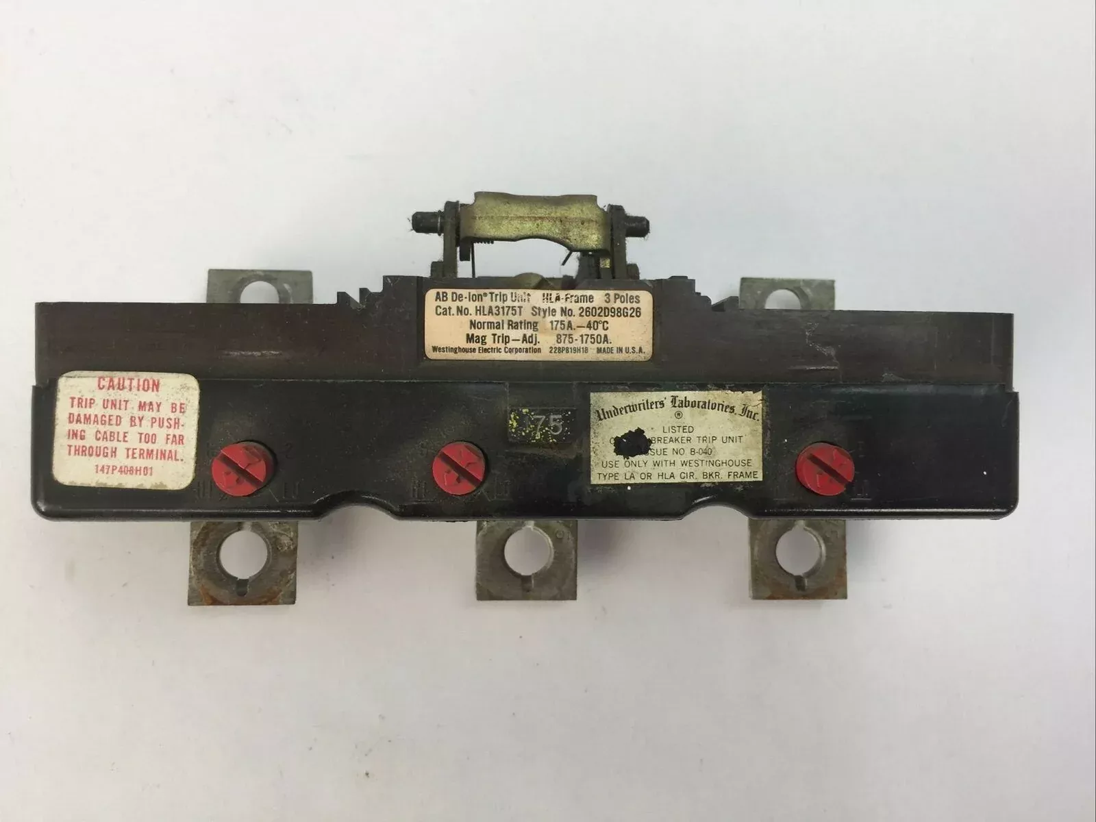 WESTINGHOUSE HLA3175T AB DE-ION TRIP UNIT 175AMP 3POLE MAG TRIP ADJ 875-1750A