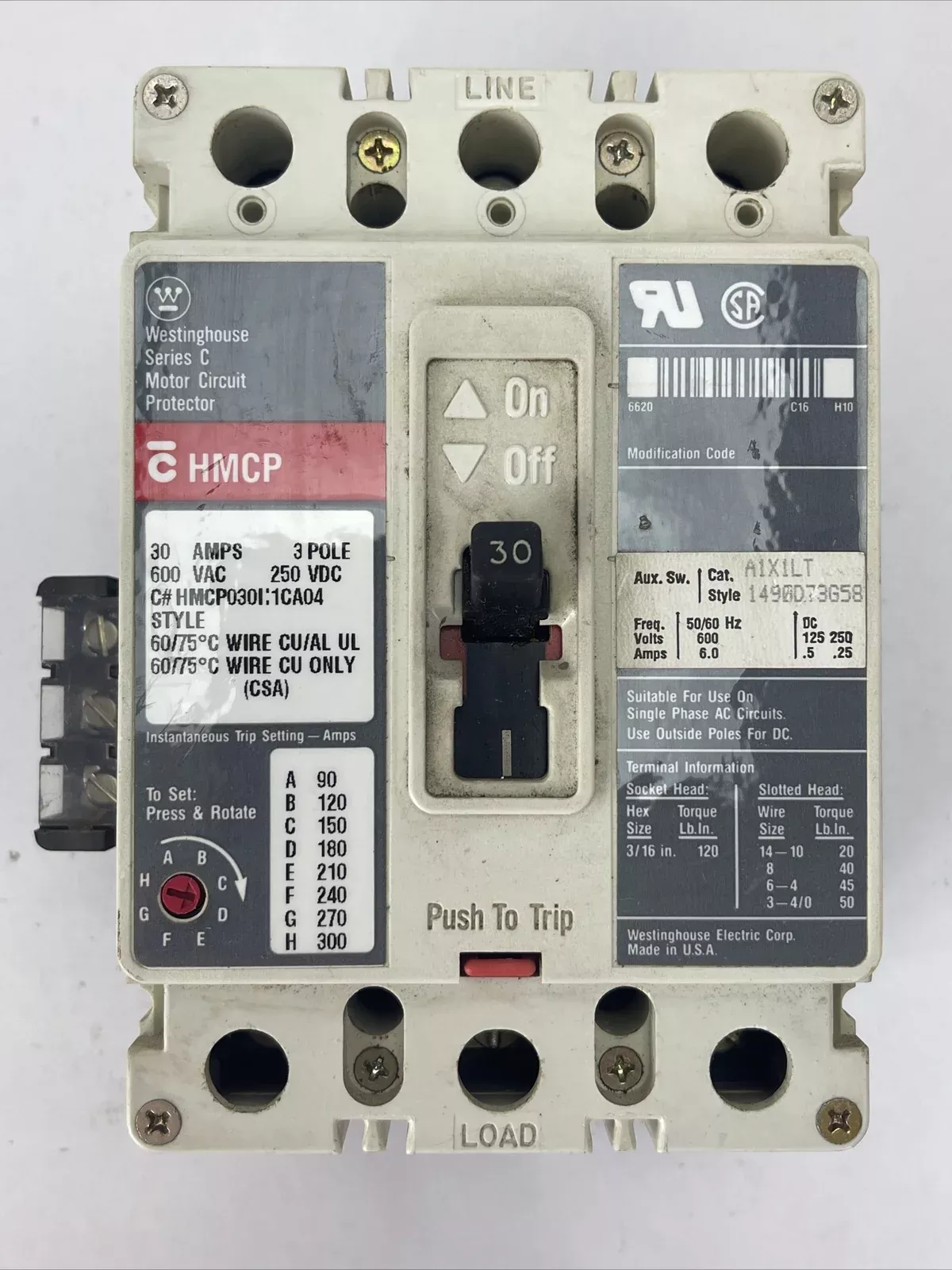 WESTINGHOUSE HMCP030I:1CA04 30AMP 3POLE 600VAC 250VDC AUX. SW. A1X1LT 1490D73G58